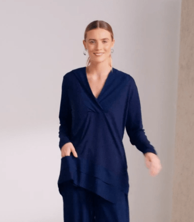 NAYA Hooded top with contrast wrap over neckline and angled hemline