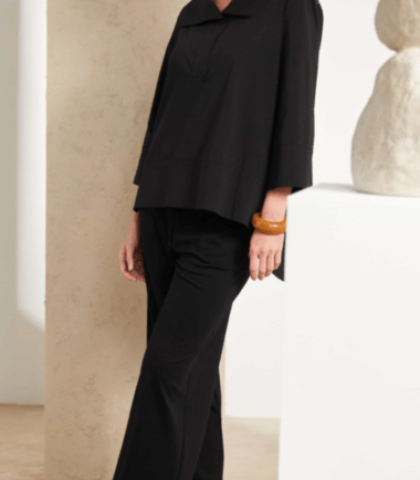 NAYA Wide leg trouser with elastic at waist in black