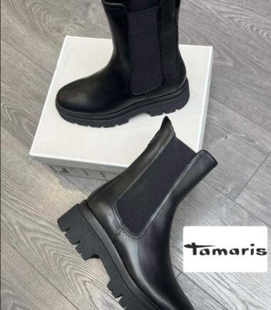 Tamaris Black Leather Chelsea Ankle Boots
