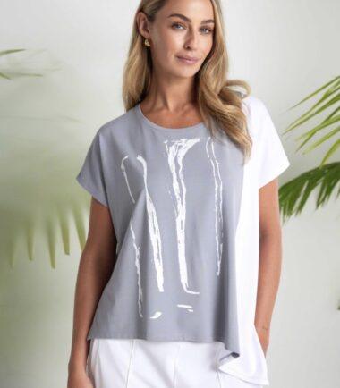 Placement Print Top With Angle Hem And Contrast Side Panel