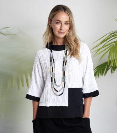 NAYA Embossed Jacquard Top With Contrast Sections