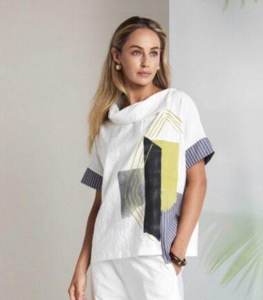 NAYA Placement Print Collar Top With Stripped Sections