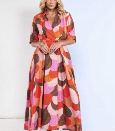 KATE COOPER Polka Dot Colour Mix Mock Wrap Dress With Button Waist