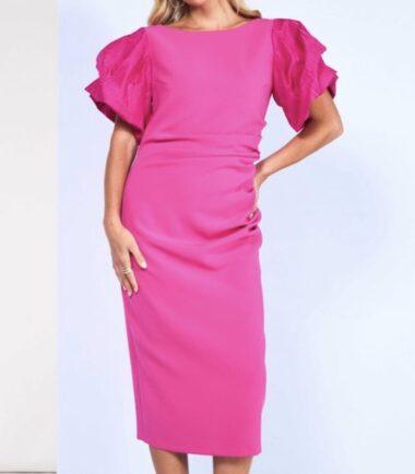 KATE COOPER pink Ruched Waist Dress With Print Taffeta Sleeve
