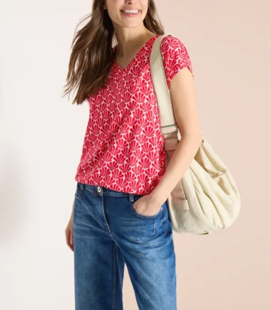 Cecil red ,white T-shirt with V-neck and shell print