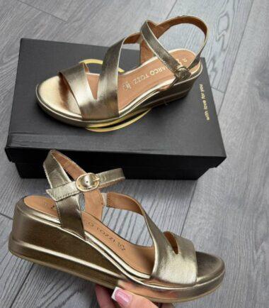 Marco Tozzi Gold Leather Wedge Heel Sandal