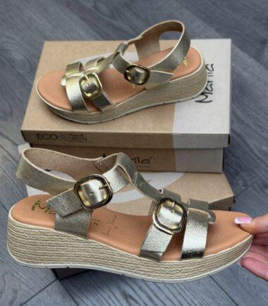 Marila Champagne Platform Wedge Sandals in Grain Leather with Gold Buckles