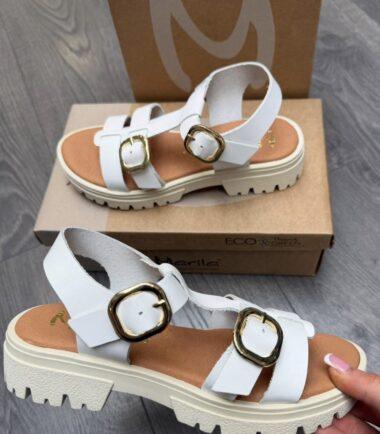 Marila White Leather Track Sandal with Gold Buckles