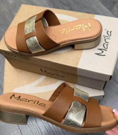 Marila Elegant Leather Sandals with Metallic Detail and Low Heel