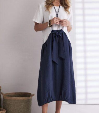 NAYA Round Neck Dress With Contrast Colour Skirt With Tie Belt