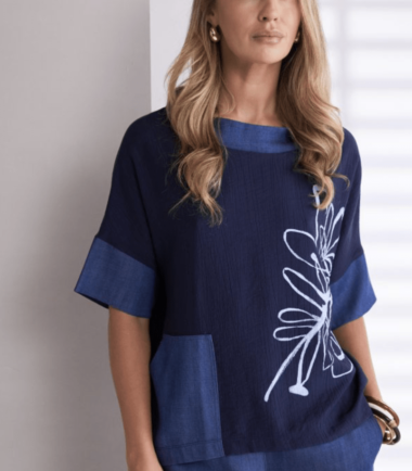 NAYA Denim Look Placement Print Top With Contrast Collar And Pocket