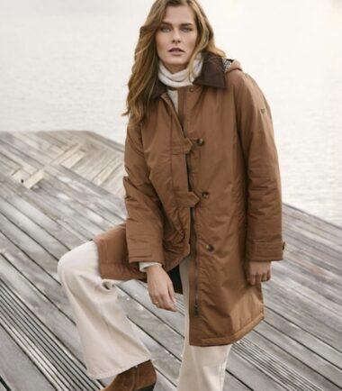 Frandsen tan light padded coat with brown detailing
