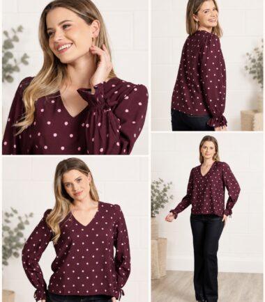 Rant and Rave Sophia Top in Burgundy Dot
